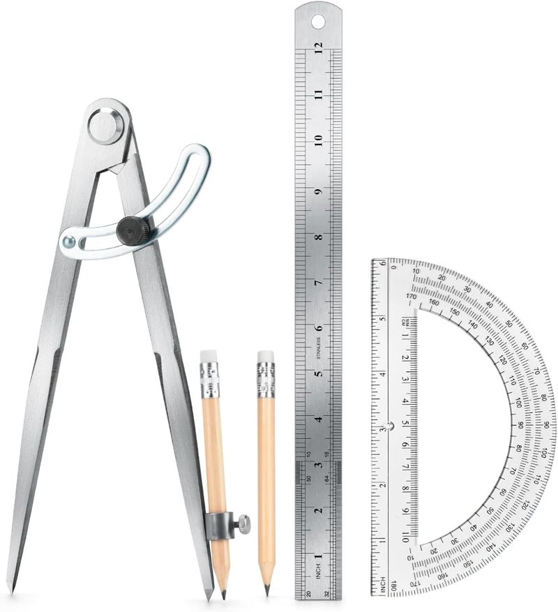 MVPower Compass Geometry Tool, Drawing Compass, Professional 12 Inch Large Compass with Wing for Woodworking, 6 Inch Protractor, 12 Inch Ruler, 2 Pencil for Carpenter, Drafting - Image 1
